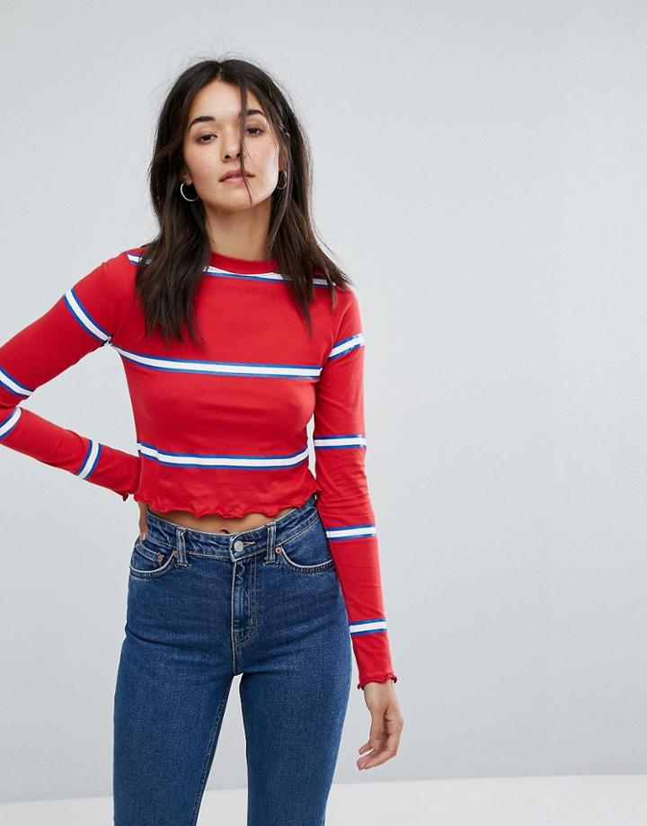 Daisy Street Long Sleeve Crop T-shirt With Fine Stripe And Crinkle Hem - Red
