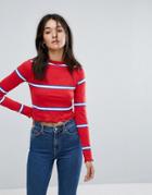 Daisy Street Long Sleeve Crop T-shirt With Fine Stripe And Crinkle Hem - Red