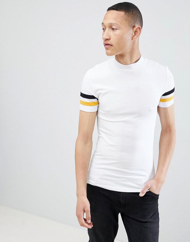 Asos Design Muscle Fit T-shirt With Turtleneck And Contrast Sleeve Panels - White