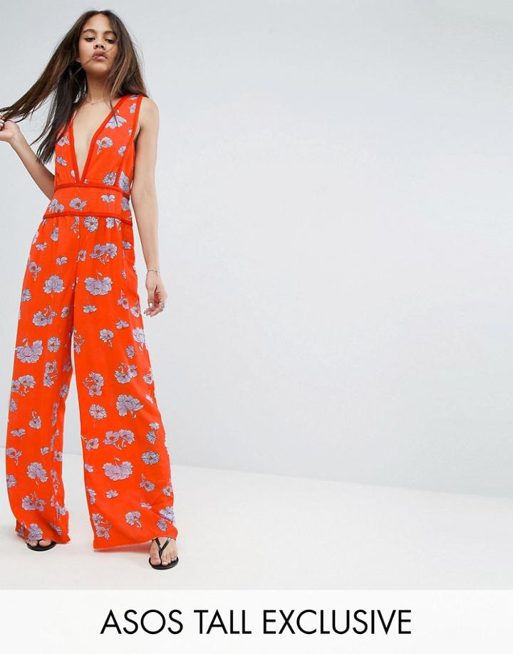 Asos Tall Floral Wide Leg Beach Jumpsuit - Multi