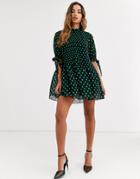 Asos Design High Neck Pleated Mini Dress With Tie Sleeves In Spot