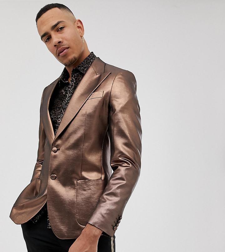 Asos Design Tall Skinny 70s Metallic Copper Prom Blazer-gold