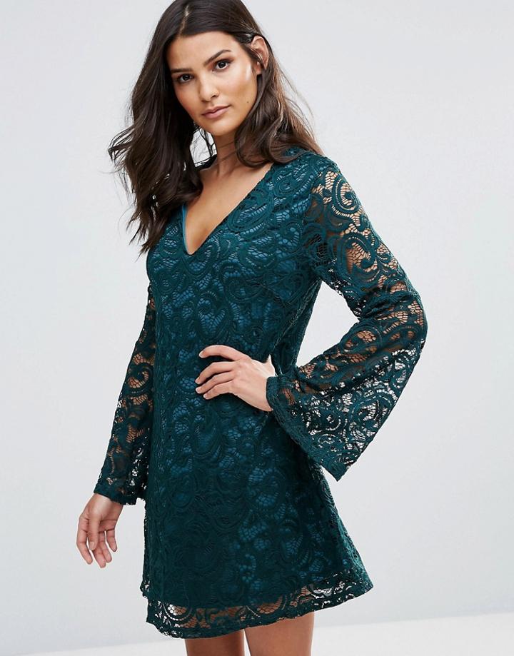 Ax Paris Lace Dress With Fluted Sleeves - Green