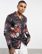 Asos Design Regular Revere Shirt With Floral Print In Black Satin