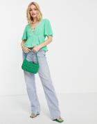 Asos Design Tea Blouse With Peplum Hem And Angel Sleeve With Twist Front Detail In Green Spot-multi