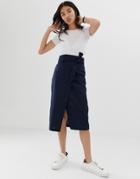 Asos Design Linen Column Wrap Skirt - Navy