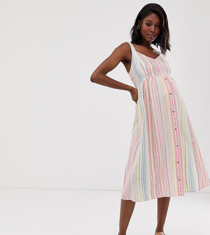 New Look Maternity Stripe Linen Midi Dress In White Pattern