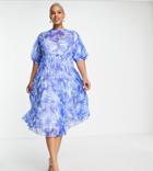 Asos Design Curve High Neck Pleated Chevron Textured Midi Dress With Puff Sleeve In Blue Floral-multi