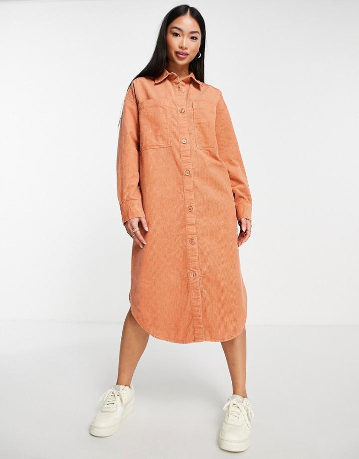 Monki Cord Shirt Dress In Rust-orange