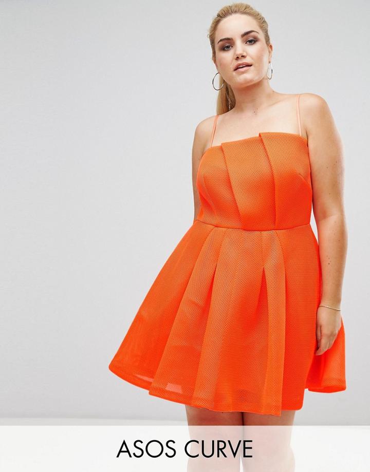 Asos Curve Neon Bonded Mesh Fan Front Mini Dress - Orange