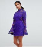 Asos Petite Lace Long Sleeve Mini Dress With Fluted Sleeves-navy