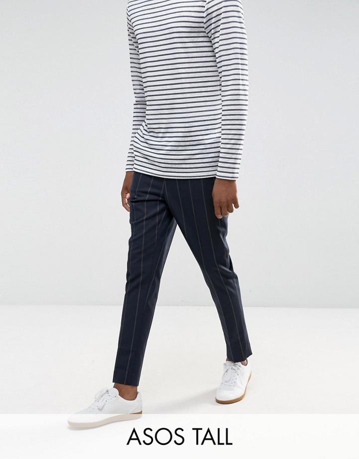 Asos Tall Tapered Smart Pants In Navy Pinstripe With Elasticated Waist - Navy