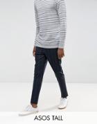 Asos Tall Tapered Smart Pants In Navy Pinstripe With Elasticated Waist - Navy