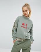 Maharishi Organic Cotton Rooster Crew Neck Sweatshirt With Logo & Floral Embroidery - Green