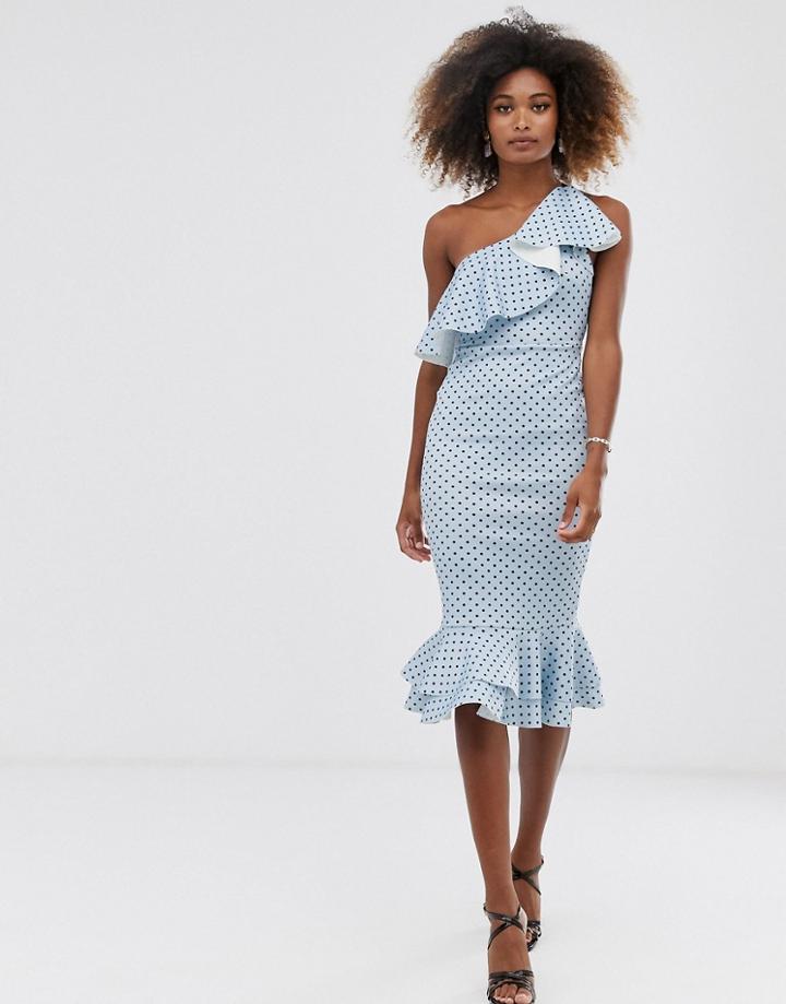 Asos Design Ruffle One Shoulder Midi Dress With Grosgrain Straps In Polka Dot - Blue