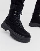 Asos Design Lace Up Boot In Black Faux Nubuck With Chunky Sole - Black