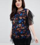 Asos Curve Top In Floral Print With Ruffle Mesh Layer - Multi