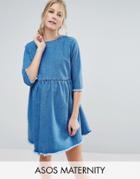 Asos Maternity Denim Smock Dress In Mid Wash Blue - Blue