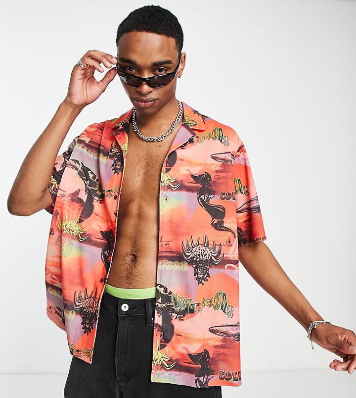 Collusion Pique Short Sleeve Shirt With All Over Print-multi