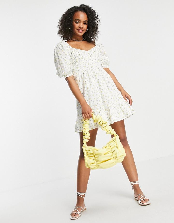 New Look Bust Detail Tiered Mini Dress In Lemon Print-white