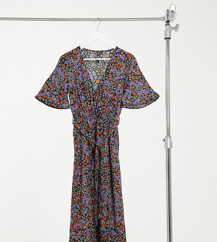 Influence Tall Wrap Front Midi Dress With Slit In Floral Print-multi