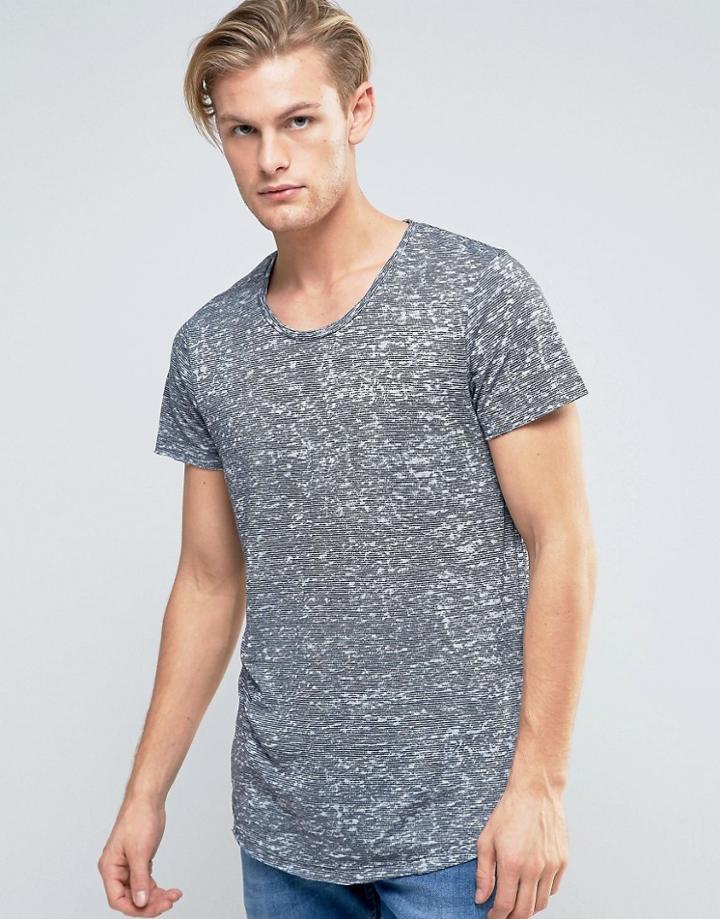 Jack & Jones Longline Curved Hem Stripe T-shirts - Navy