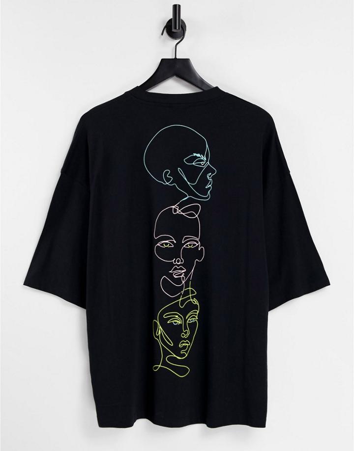 Asos Design Oversized T-shirt In Black With Line Drawing Back Print