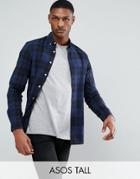 Asos Tall Stretch Slim Poplin Check Shirt In Blue - Blue