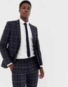 Moss London Skinny Suit Jacket With Windowpane Check In Navy - Navy
