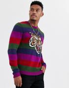 Asos Design Knitted Stripe Sweater With Tiger Design