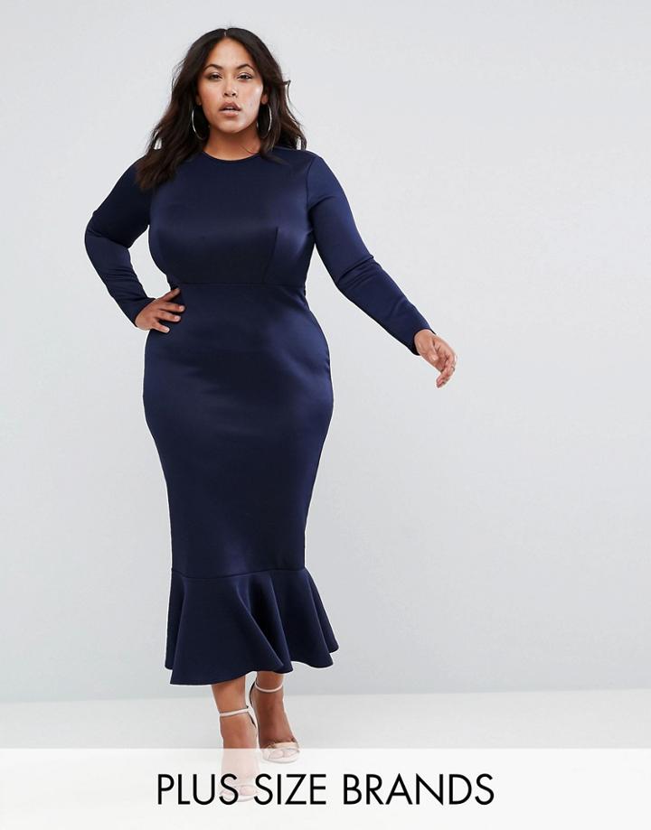 Club L Plus Office Long Sleeve Detailed Dress With Peplum Frill Hem Bodycon Midi Dress - Navy