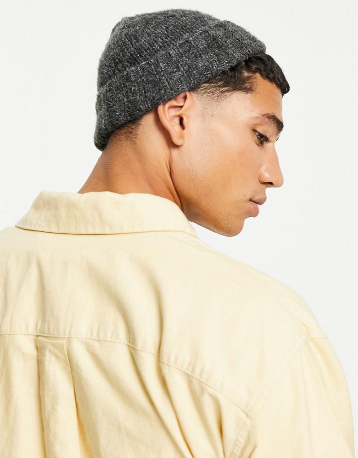 Asos Design Mini Fisherman Beanie With Fluffy Knit In Charcoal Gray-grey