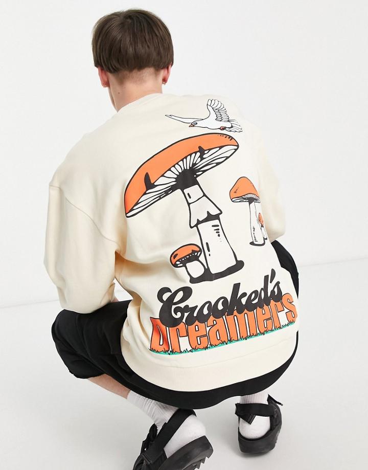 Crooked Tongues Oversized Sweatshirt With Mushroom Back Graphic Print In Ecru-white
