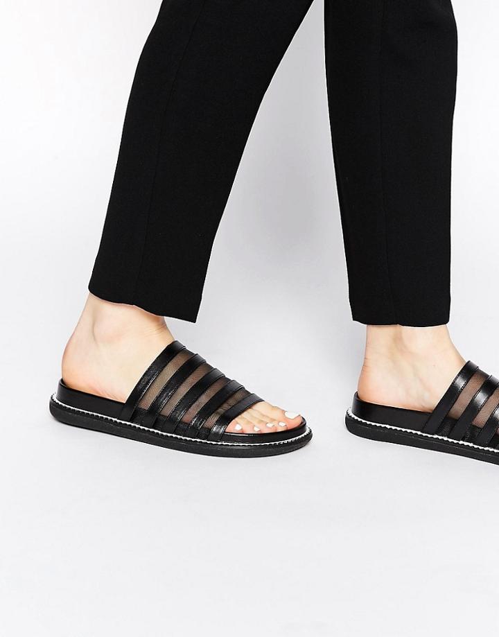 Senso Kimmy Black Leather Slider Flat Sandals - Black