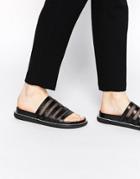 Senso Kimmy Black Leather Slider Flat Sandals - Black