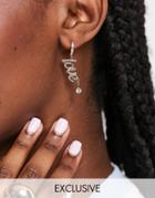 Reclaimed Vintage Inspired Huggie Hoop Love Earrings With Faux Crystal In Gold