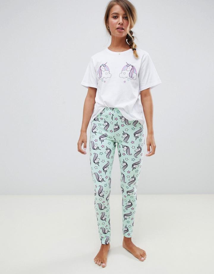 Asos Design Unicorn Pyjama Tee & Legging Set - Multi
