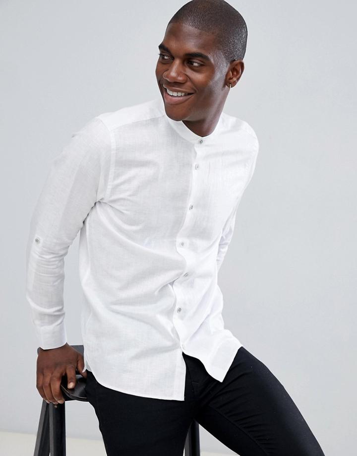 Ted Baker Long Sleeve Grandad Shirt In White Linen - White