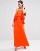 Asos Ruffle Waterfall Soft Maxi Dress - Hot Coral