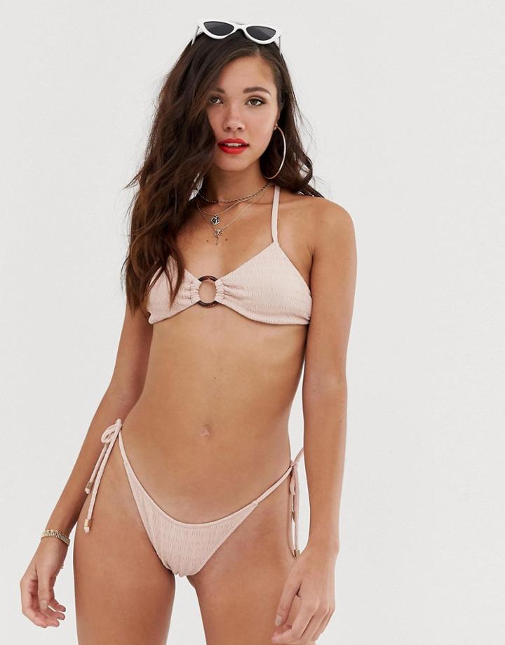 Miss Selfridge Exclusive Textured Bikini Top With Circle Detail In Pink - Pink