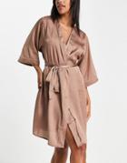 Vero Moda Satin Kimono Dressing Gown In Mocha Polka Dot-brown