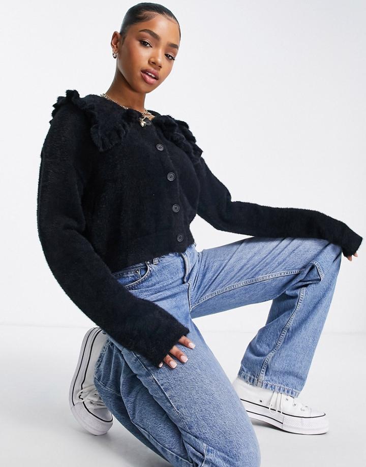 Lola May Ruffle Collar Cropped Cardigan-black