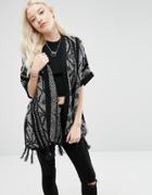 Brave Soul Printed Tassel Hem Knitted Kimono - Black