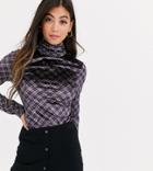 Fashion Union Petite High Neck Long Sleeve Top In Velvet Check-multi