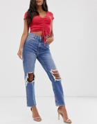 River Island Jenga Ripped Mom Jeans In Mid Wash-blue