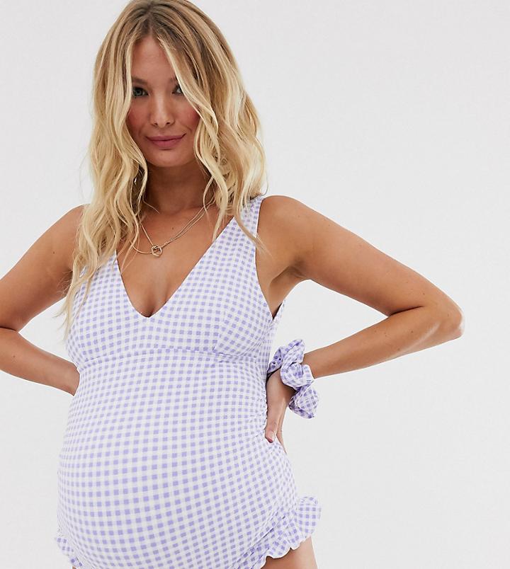 Asos Design Maternity Frill Leg Strappy Back Swimsuit In Lilac Gingham With Matching Scrunchie-multi