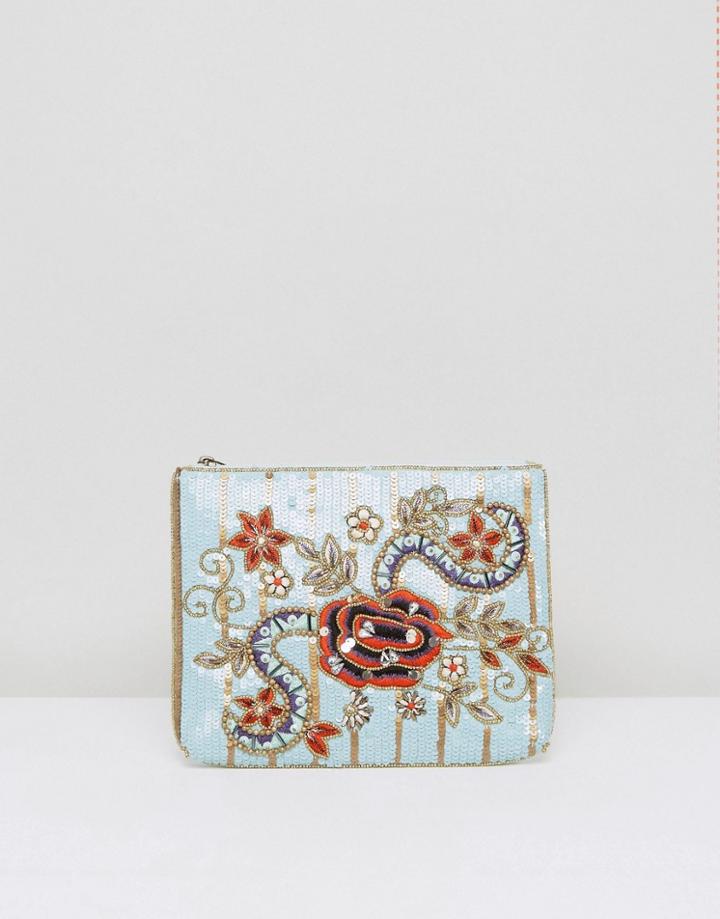 True Decadence Sequin Floral Detail Zip Top Clutch Bag - Blue