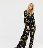 Influence Tall Flared Sleeve Button Detail Wide Leg Jumpsuit In Floral Print - Black