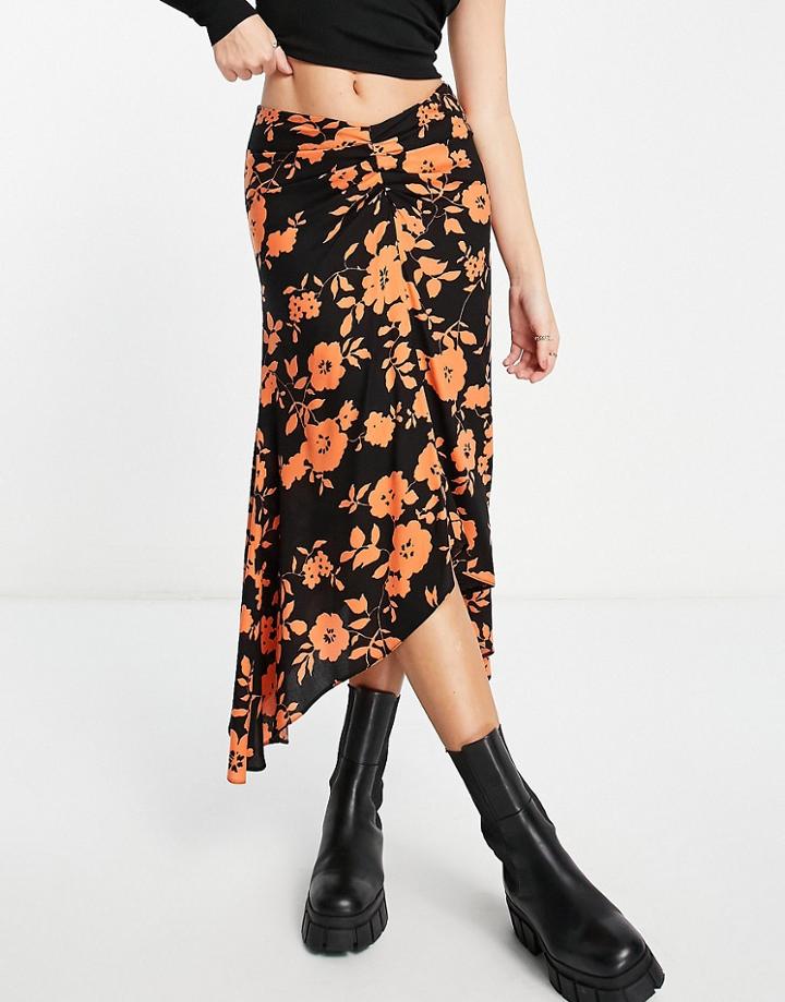 Asos Design Ruched Midi Skirt In Pop Orange Floral Print-multi