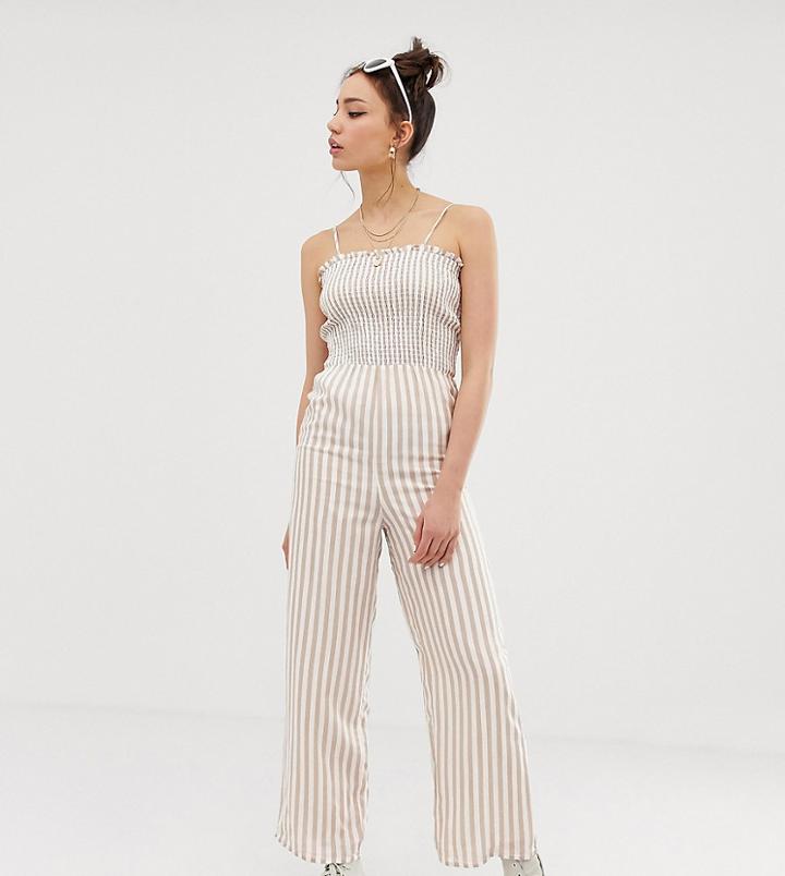 Glamorous Tall Cami Jumpsuit With Shirring In Natural Stripe-white